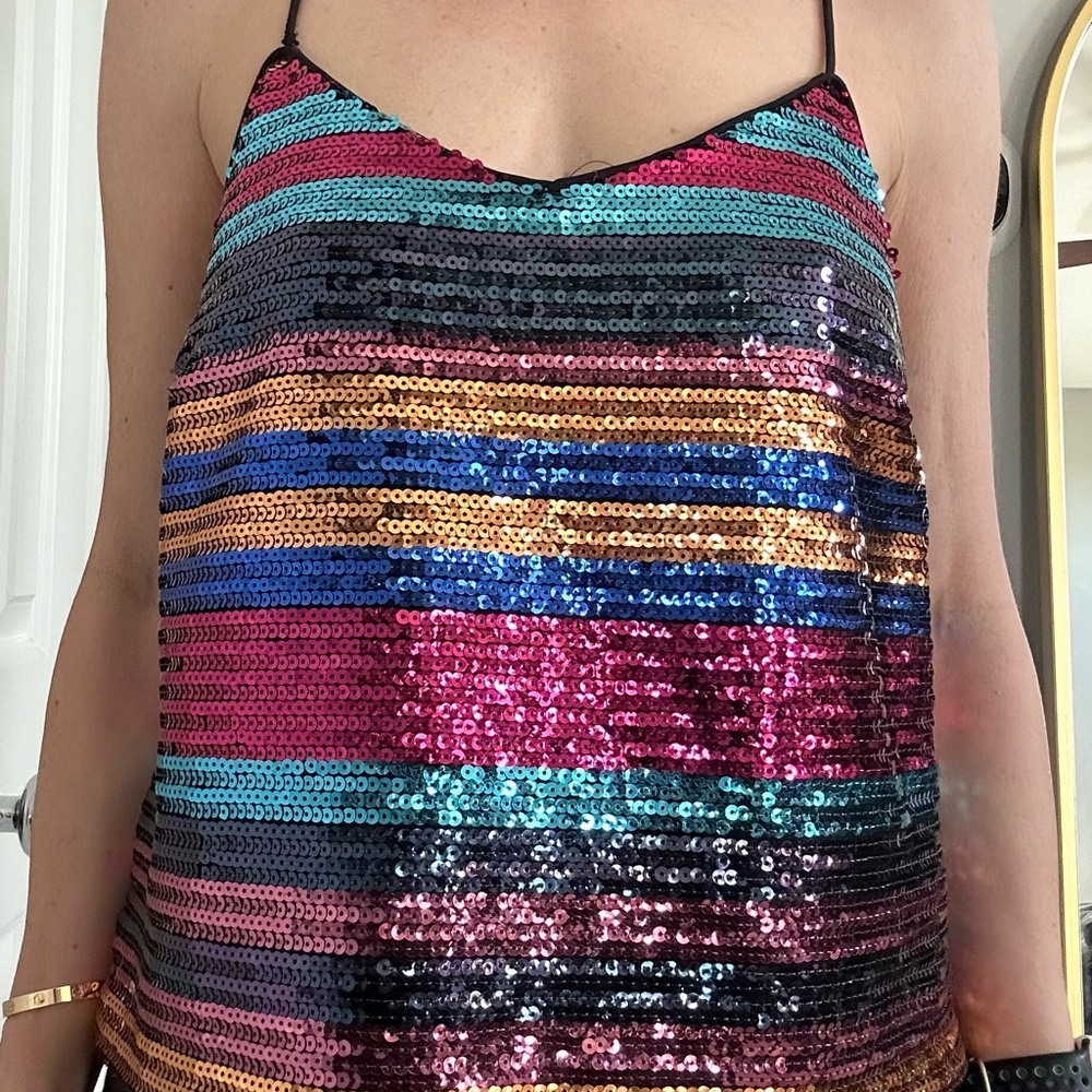 Vibrant Blue and Pink Sequin Camisole Top with Spaghetti Straps